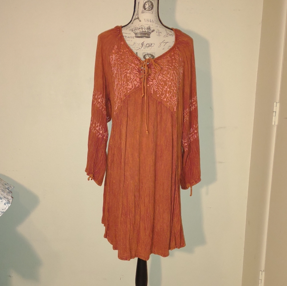 Chances R" dress, size 2X, burnt orange, rusty, embellished floral vine